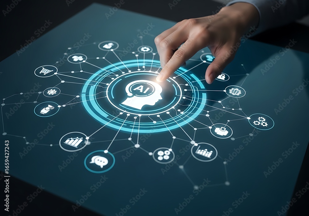 Fototapete human finger interacting with futuristic digital network interface displaying global connectivity an