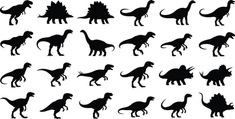Set of 20 dinosaur silhouettes including herbivores and carnivores for prehistoric, educational, and design projects