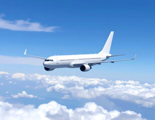 Obraz premium Airplane flying above clouds with blue sky.