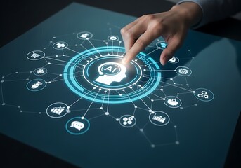 Human finger interacting with futuristic digital network interface displaying global connectivity and data flow