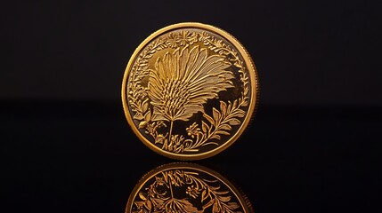 Golden coin with intricate engravings and symbols of prosperity set on a reflective black surface The rich details and warm glow convey the timeless value of wealth