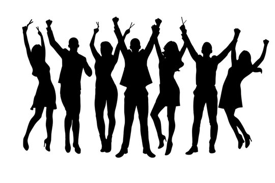 Joyful silhouettes of diverse people celebrating success with raised arms and victorious gestures