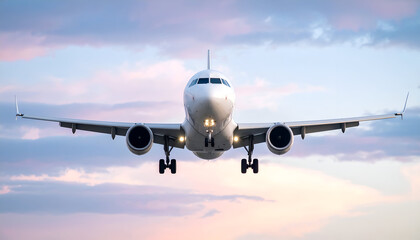 Obraz premium Airplane Landing Sunset Cloudscape.