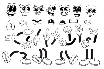 Set of cartoon groovy comic vector. Collection of retro cartoon character faces in different emotions, hand, glove, glasses, mouth, shoes, eyes. 