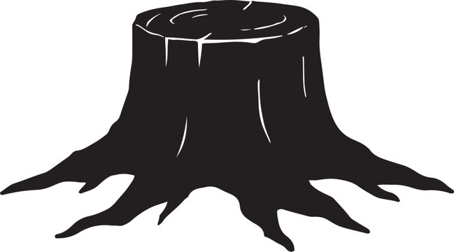 Black silhouette of a tree stump with exposed roots on a white background