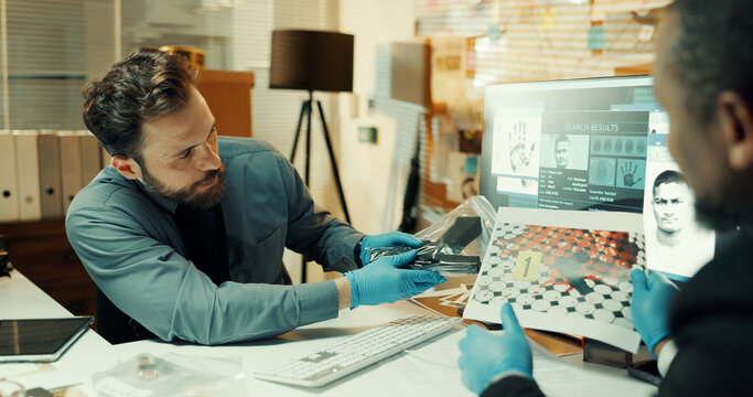 Man, photography and investigation with gun for crime scene, murder evidence or trace of suspect. People, officer or detective with collaboration for police work, DNA sample or killer firearm match