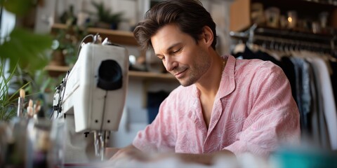 Young caucasian male tailor sewing in bright workshop