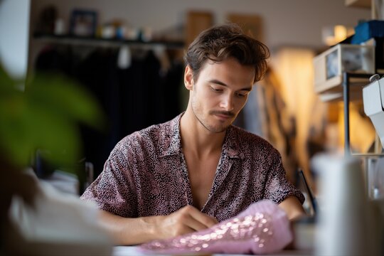 Young caucasian male adult fashion designer working in studio - Powered by Adobe