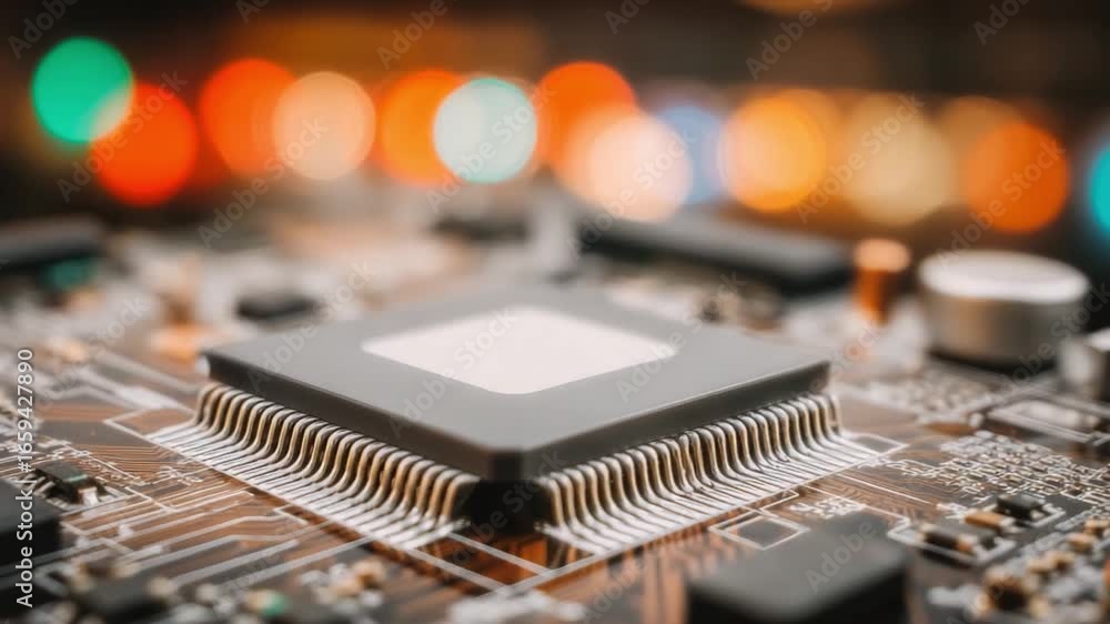 Poster microchip technology: a close-up shot of a computer microchip, a symbol of technology, meticulously 