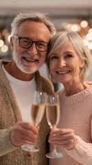 Joyful couple holding champagne glasses smiling together during a celebratory moment at home