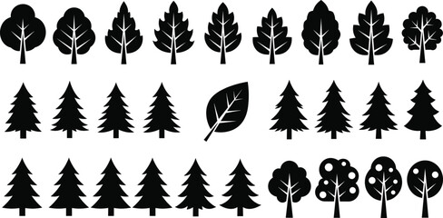 Set of diverse tree and leaf silhouettes for nature, seasonal, landscaping, and educational design projects