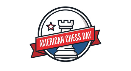 Obraz premium American Chess Day logo concept with a white rook chess piece, a red ribbon banner, and a star on a white background