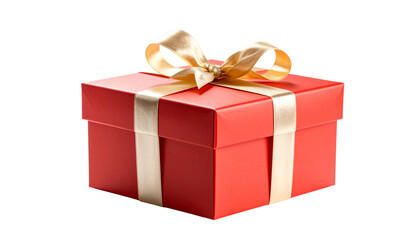 Obraz premium Gift box wrapped in red paper with golden bow, isolated on transparent background, Christmas present.