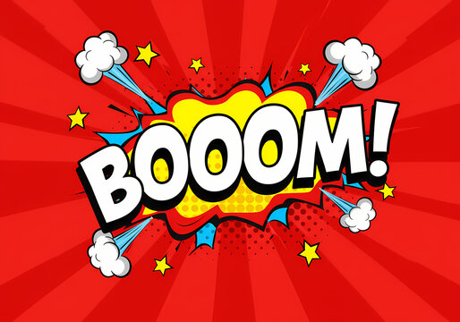 BOOOM! Comic Book Explosion Sound Effect with Red Starburst Background and White Clouds