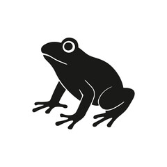 Black frog silhouette vector illustration on a white background. Simple and bold design ideal for logos, educational materials, or wildlife-themed graphics, highlighting frog shape.