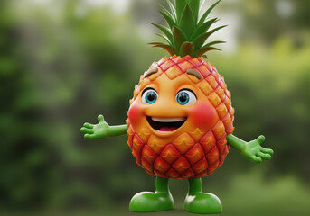 Happy cartoon pineapple character standing outdoors with open arms