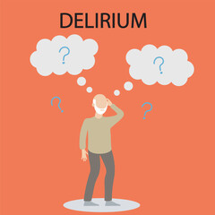 Delirium vector illustration showing confusion, agitation, memory issues, disorientation, and hallucinations; often confused with dementia, psychosis, or severe depression. silhouette 