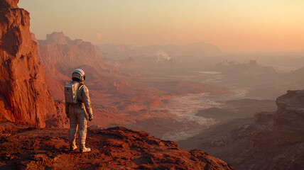 Fototapeta premium Astronaut walking through a Martian valley at sunset. Atmosphere of science fiction and planetary exploration.
