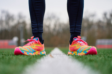 Close-up of person wearing bright colorful running shoes standing on green sports field line....