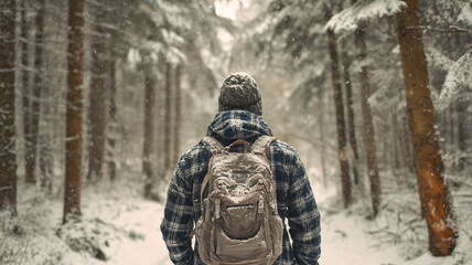 Person with backpack walking through snowy forest, winter adventure and mountain travel scene.
