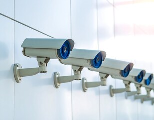 Row of security cameras mounted on a white wall, outdoors in sunlight