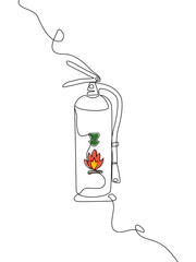 Minimalist one line drawing of a fire extinguisher with fire and green arrow symbols, representing safety, protection, and emergency control, Vector Editable stroke 