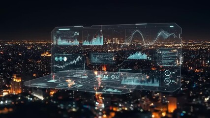 Futuristic cityscape at night with digital holographic interface displaying data analytics - Powered by Adobe