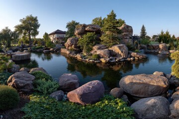 Serene zen garden with large rocks, pond, and trees