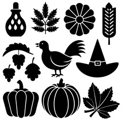 Thanksgiving Silhouette Vector, Autumn Silhouette Vector, Pumpkin Silhouette Vector, Collection of autumn things elements collection for fall season silhouette vector illustration