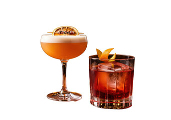 Two exquisite Whiskey Sour and Negroni cocktails with condensation, on dark mahogany in a dimly lit, upscale speakeasy with warm bokeh, concept of sophisticated indulgence
