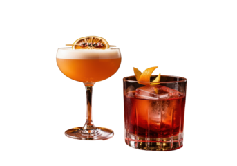 Two exquisite Whiskey Sour and Negroni cocktails with condensation, on dark mahogany in a dimly lit, upscale speakeasy with warm bokeh, concept of sophisticated indulgence