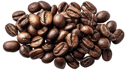 Obraz premium Freshly Roasted Coffee Beans: A flat lay of freshly roasted coffee beans with rich brown color, isolated on a Transparent background, PNG file.