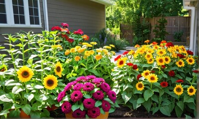 Sunflowers and Zinnias in a Summer Garden