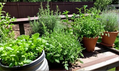 Sunlight Drenched Herb Garden on Rustic Wooden Table