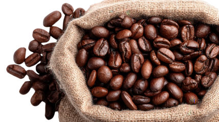 Freshly Roasted Coffee Beans in Bag: A flat lay of freshly roasted coffee beans in a burlap bag, isolated on a Transparent background, PNG file.