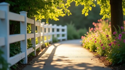 Fototapeta premium A sun-drenched pathway lined with a white picket fence and vibrant pink flowers, casting gentle shadows.