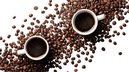 Obraz premium Freshly Roasted Coffee Mugs: A flat lay of freshly roasted coffee beans and coffee mugs, isolated on a Transparent background, PNG file.