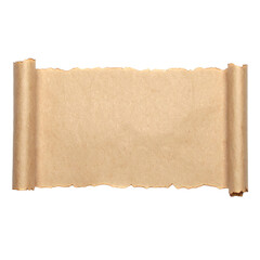 A wide, aged parchment scroll with curled edges and rough, torn borders, showcasing a vintage textured surface in a light brown color