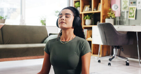 Calm woman, home and audio therapy with headphones in relax for breathing exercise or technique....