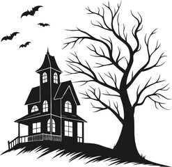 Halloween hunted house Spooky silhouette with bats flying around on halloween night
