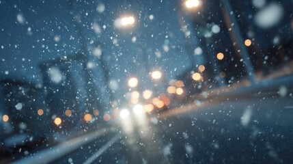 Snowflakes fall on a bustling city street filled with cars and glowing streetlights at night