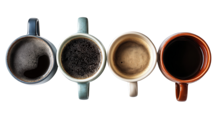Freshly Roasted Coffee Mugs: A flat lay of freshly roasted coffee mugs with a steaming cup of coffee, isolated on a Transparent background, PNG file.