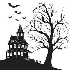 Halloween hunted house Spooky silhouette with bats flying around on halloween night
