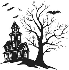 Halloween hunted house Spooky silhouette with bats flying around on halloween night
