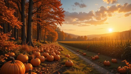 Pumpkins lining a dirt road next to a cornfield at sunset with autumn trees in the background