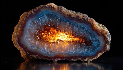 Polished agate geode with vibrant, translucent inner layers showcasing orange and blue hues against a black background