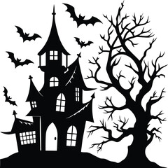 Halloween hunted house Spooky silhouette with bats flying around on halloween night
