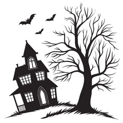 Halloween hunted house Spooky silhouette with bats flying around on halloween night
