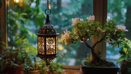 Ornate lantern glows beside a bonsai tree, illuminated by soft window light