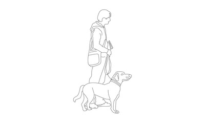 Minimalist Line Drawing of a Person Walking a Dog with Leash and Book